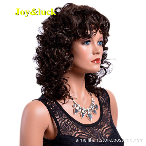 Wholesale Prices Daily Use Wig With Bangs For Women Shoulder Length Ladies Party Brown Color Natural Curly Synthetic Hair Wigs